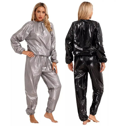 Sport Suit Men Women PVC Sauna Suit Long Sleeve Elastic Waist Summer Men's Top Pants Set Sweat Suit Weight Loss Fitness Clothing