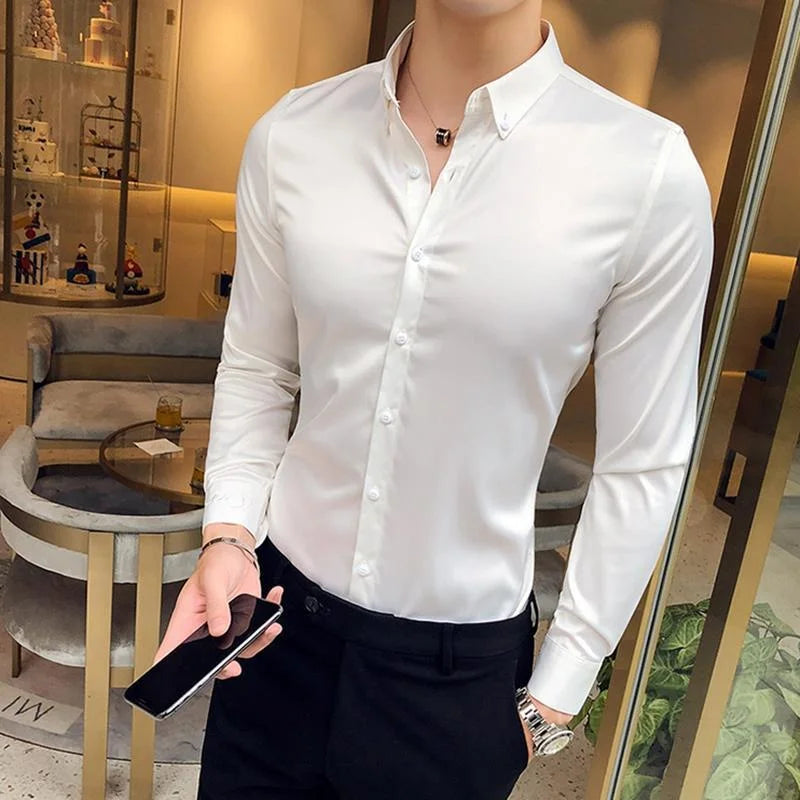 Plain Long Sleeve Shirts and Blouses for Men Business Silk Summer Button Man Tops Fashion 2025 Social High Quality Clothing S I