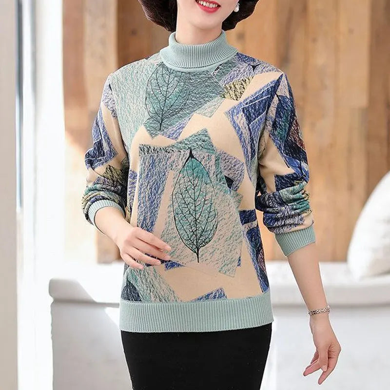 Women's Clothing 2022 Casual Plant Printed T-shirt Autumn Winter Fleece Warm Thick Fashion Knitted Spliced Turtleneck Pullovers