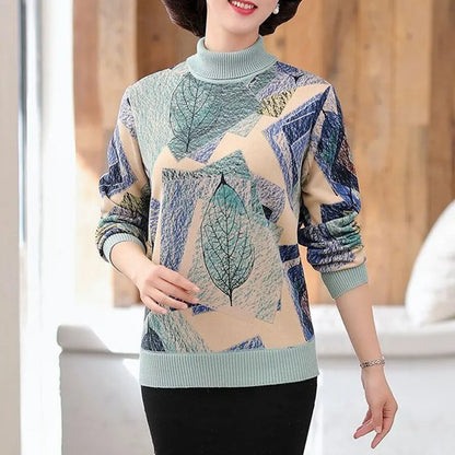 Women's Clothing 2022 Casual Plant Printed T-shirt Autumn Winter Fleece Warm Thick Fashion Knitted Spliced Turtleneck Pullovers