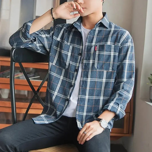 Shirts and Blouses for Men with Pocket Clothing Plaid Man Tops Red Cargo Geometric Sleeves S Collar Korean Style Xxl Hipster I