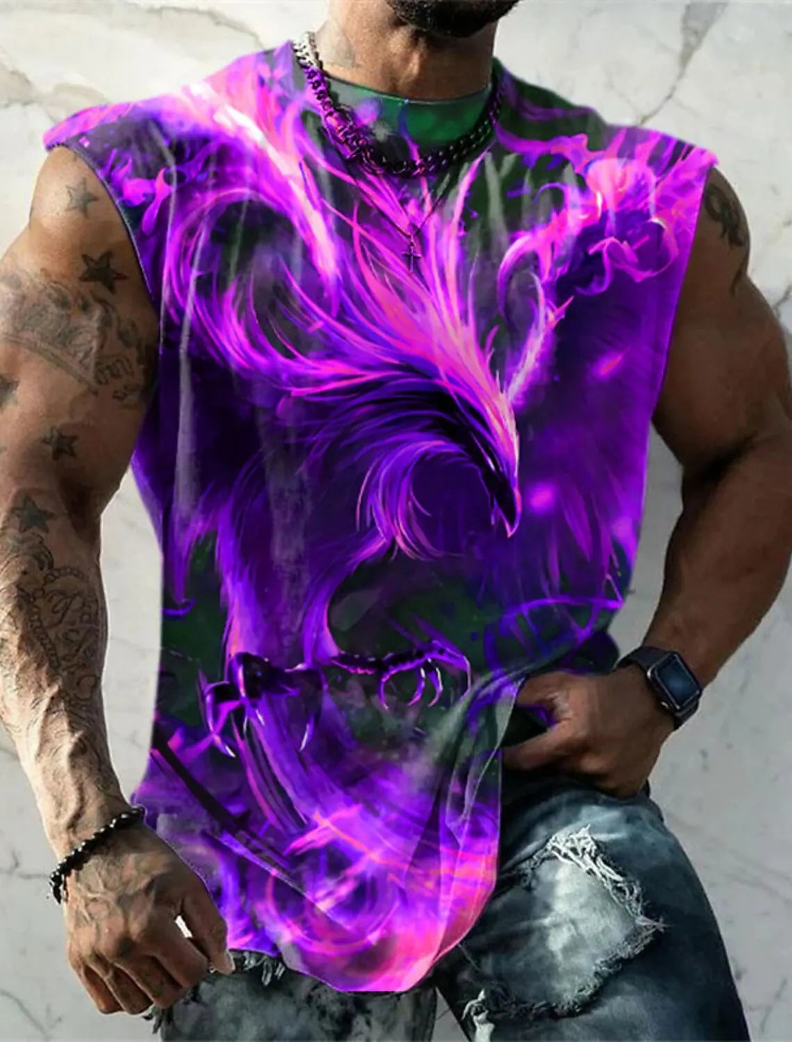Men's Fitness Clothing 3D Phoenix Printed Sleeveless Shirt Running Sports Undershirt Mens Quick-Drying Bodybuilding Bottom Shirt