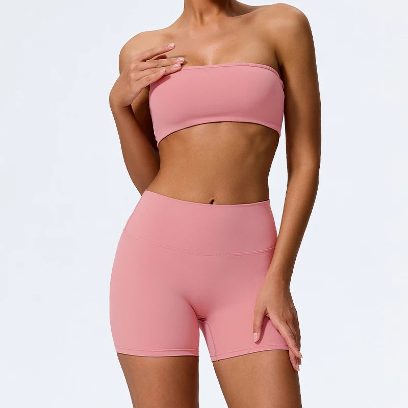 Summer Two Piece Fitness Sports Set Women Workout Yoga Outfit Strapless Bra Woman 2Ps Gym Crop Top Deportivos Mujer Gym Suits
