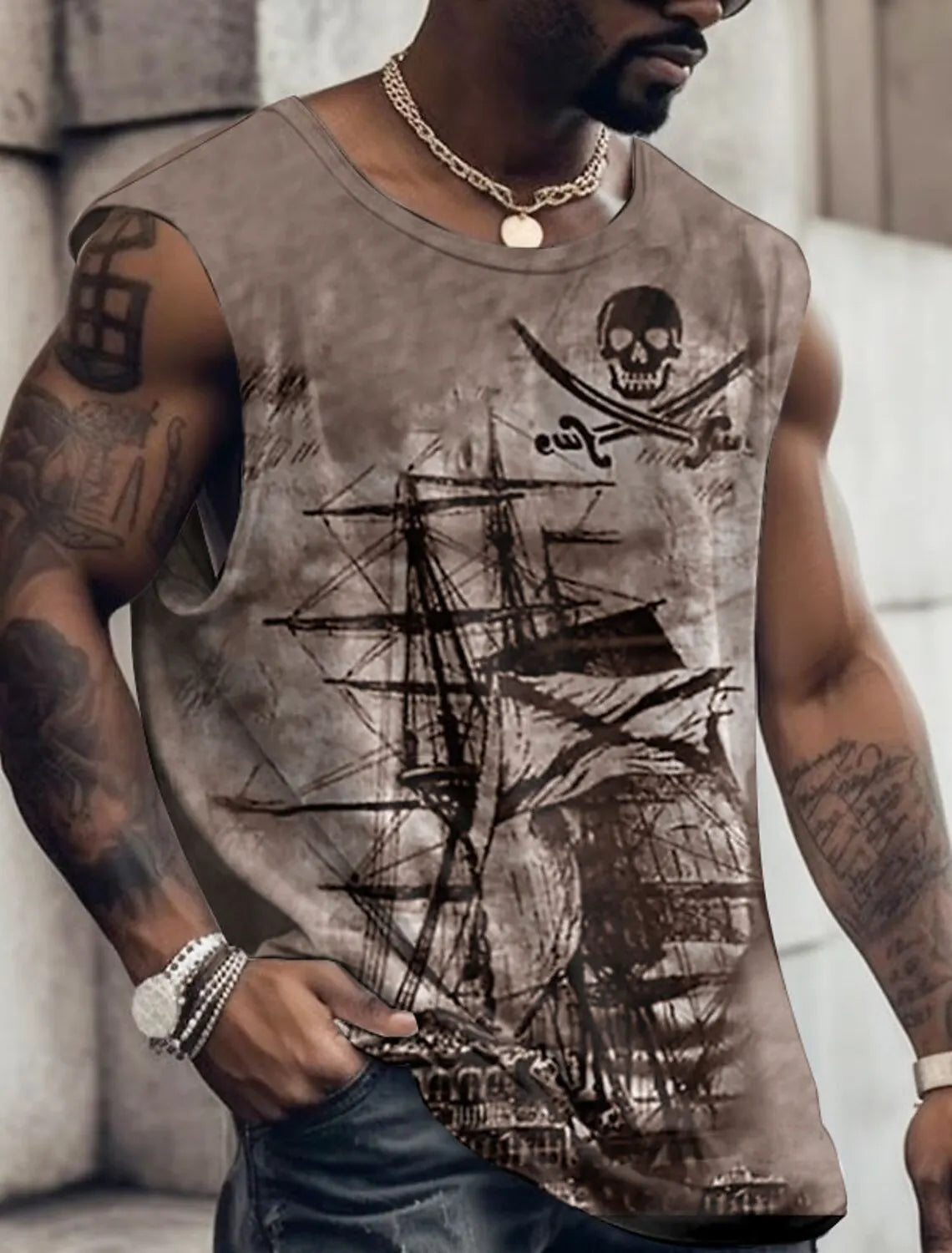 Men's Bottom Shirt Pattern Boat Rudder O Neck 3D Outdoor Street Sleeveless Printed Clothing Athletic Casual Big & Tall Tank Top