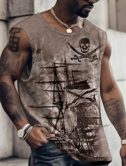 Men's Bottom Shirt Pattern Boat Rudder O Neck 3D Outdoor Street Sleeveless Printed Clothing Athletic Casual Big & Tall Tank Top