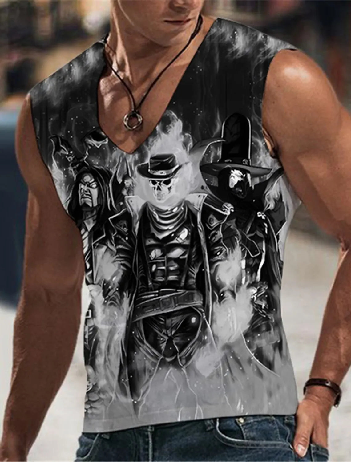 Hellfire Skull Cold Hd 3D Printed Men's and Women's T-Shirts Four Seasons Sports Sleeveless V-Neck Vest Oversized Men's Tops