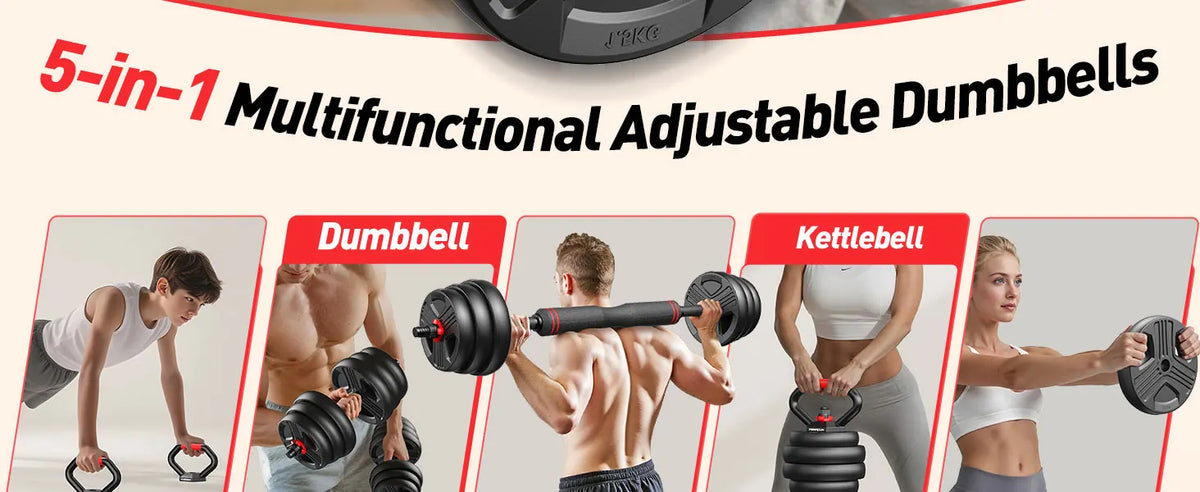 FITPLAM Adjustable 5 in 1 Free Weights Set, 20/35/45/70/90LB Dumbbell Set, Convertible to Barbell Kettlebell Push Up Stand