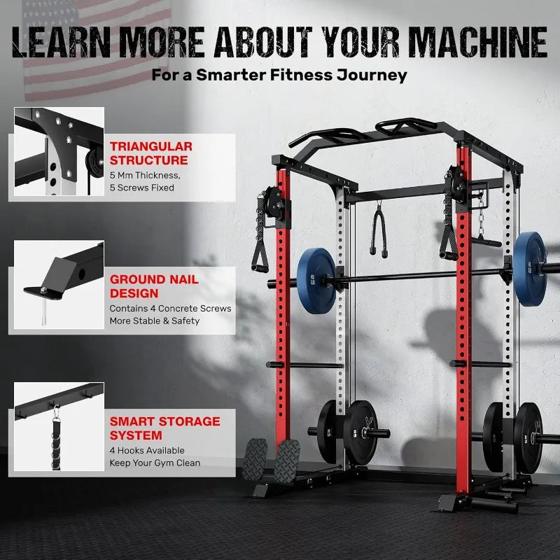 Full Cage Power Rack with Cable Crossover Dual Pulley System 2000LBS Squat Rack for Home Gym Full Body Training with