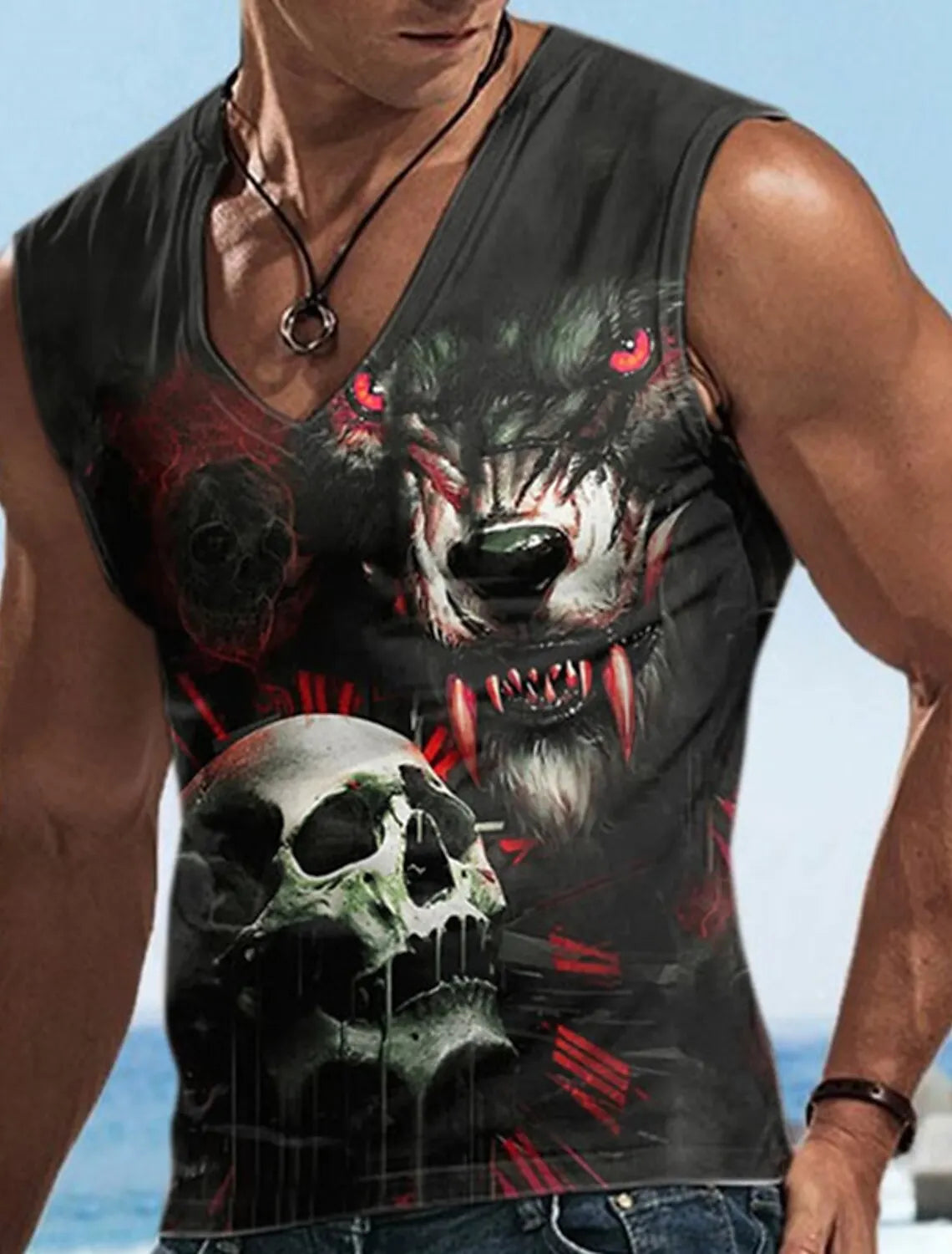 Hellfire Skull Cold Hd 3D Printed Men's and Women's T-Shirts Four Seasons Sports Sleeveless V-Neck Vest Oversized Men's Tops