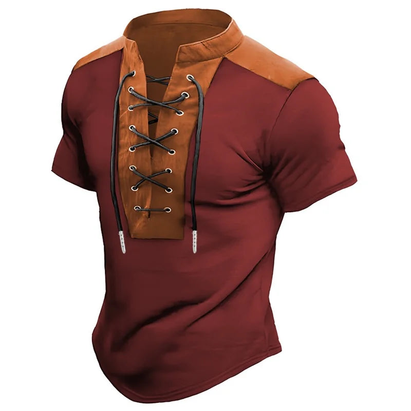 Men's retro-style drawstring short-sleeved T-shirt with color-blocked design, slim fit, fashionable polo shirt, unique style.