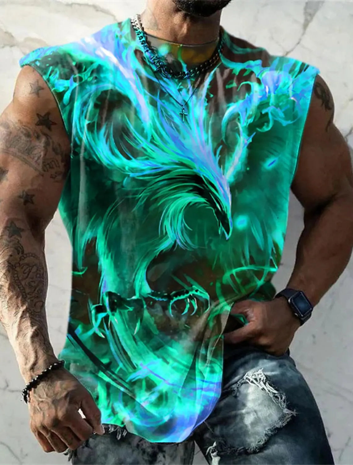 Men's Fitness Clothing 3D Phoenix Printed Sleeveless Shirt Running Sports Undershirt Mens Quick-Drying Bodybuilding Bottom Shirt