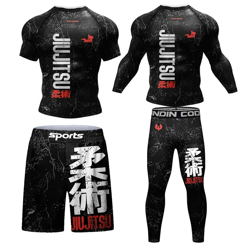 New Kimono Jiu Jitsu Rashguard for Men MMA T-Shirt+Pant 4Pcs/Set Muay Thai Shorts BJJ Rash Guard Gym Boxing Jerseys Sportswear