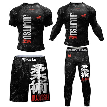 New Kimono Jiu Jitsu Rashguard for Men MMA T-Shirt+Pant 4Pcs/Set Muay Thai Shorts BJJ Rash Guard Gym Boxing Jerseys Sportswear