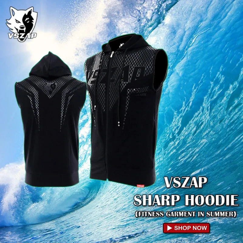 Vszap Summer Coat Sports Fitness Hooded Sleeveless Fighting MMA Slim-Fitting Cardigan Vest Blade Battle Suit