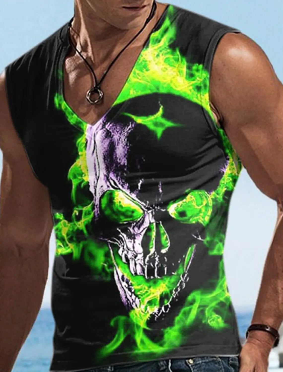 Hellfire Skull Cold Hd 3D Printed Men's and Women's T-Shirts Four Seasons Sports Sleeveless V-Neck Vest Oversized Men's Tops