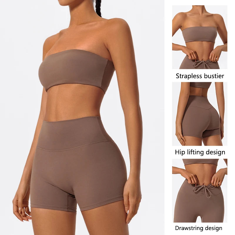 Summer Two Piece Fitness Sports Set Women Workout Yoga Outfit Strapless Bra Woman 2Ps Gym Crop Top Deportivos Mujer Gym Suits