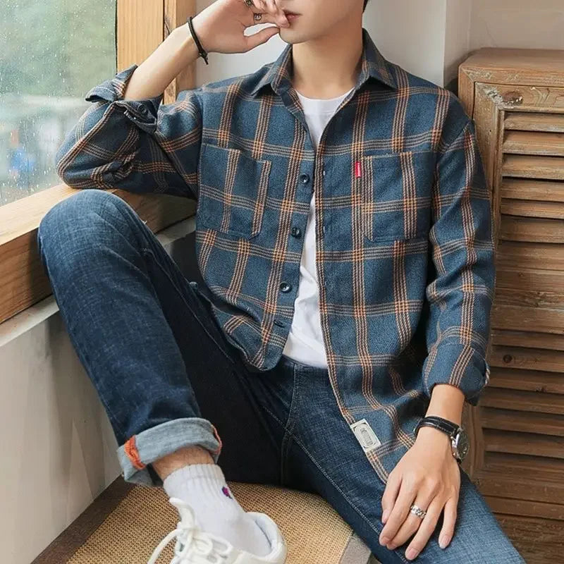 Shirts and Blouses for Men with Pocket Clothing Plaid Man Tops Red Cargo Geometric Sleeves S Collar Korean Style Xxl Hipster I