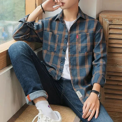 Shirts and Blouses for Men with Pocket Clothing Plaid Man Tops Red Cargo Geometric Sleeves S Collar Korean Style Xxl Hipster I