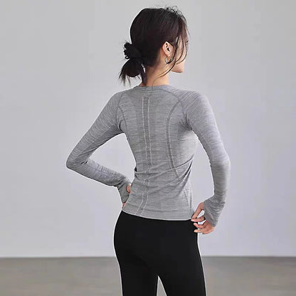 Yoga Clothes for Women, Sports Tops, Round Neck, Seamless, Slim, Running Shirt Fitness Workout Long Sleeves Gym T Shirt, Winter