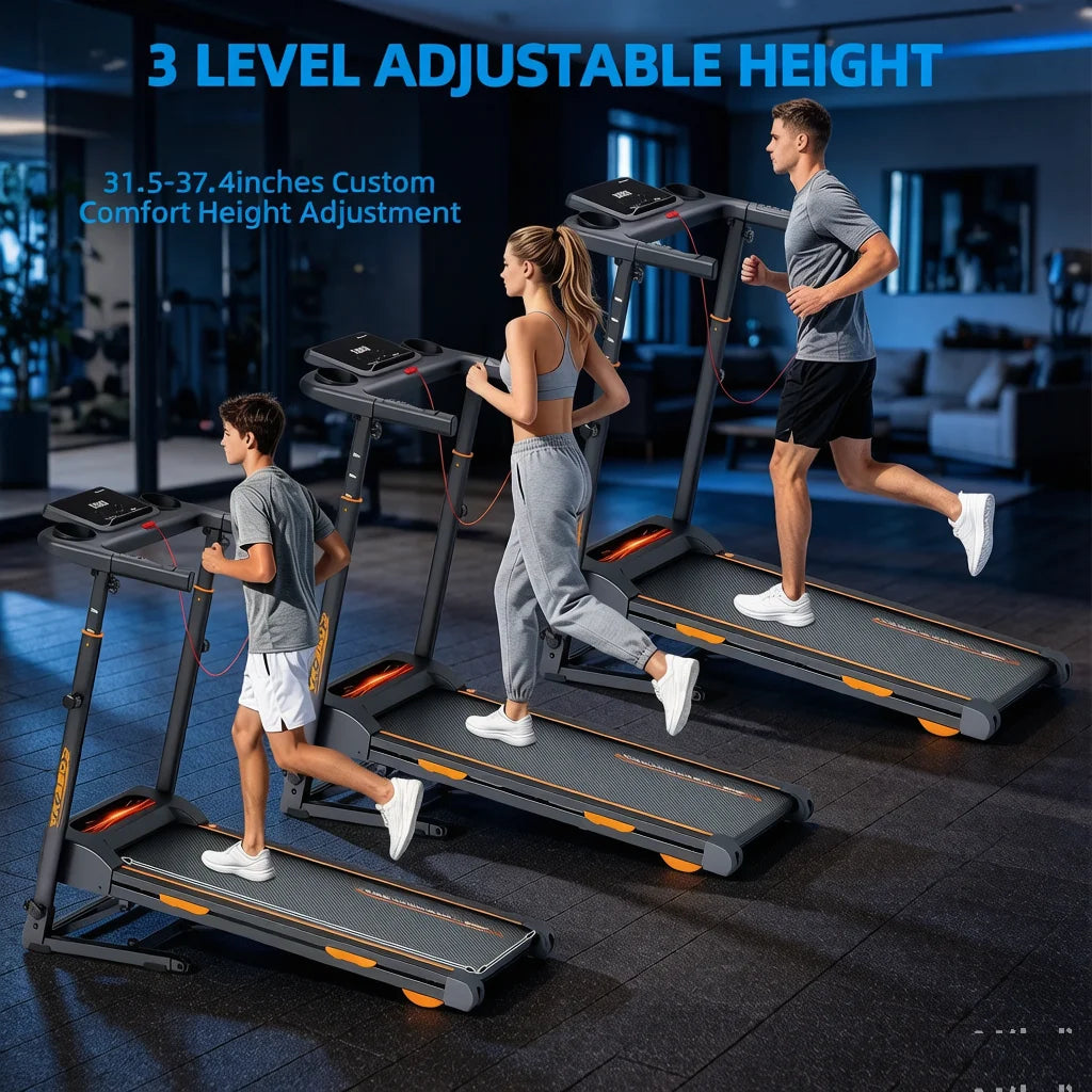 3-Level Adjustable Height Folding Treadmill,3.0HP Brushless Motor,Low Noise Below 45dB,15% Auto Incline,Quiet Shock Absorption Indoor Running Machine