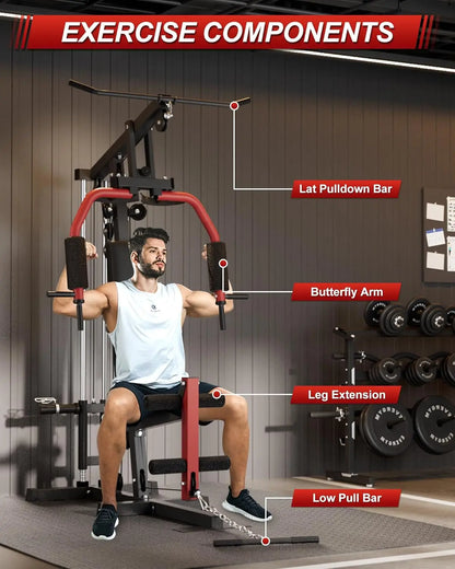 5-in-1 Home Gym Equipment, Full Body Workout Machine | LAT Pulldown Chest Press Leg Extension Seated Row, 300LBS Capacity Home Gym System for Strength Training, Fits 1" & 2" Weigh