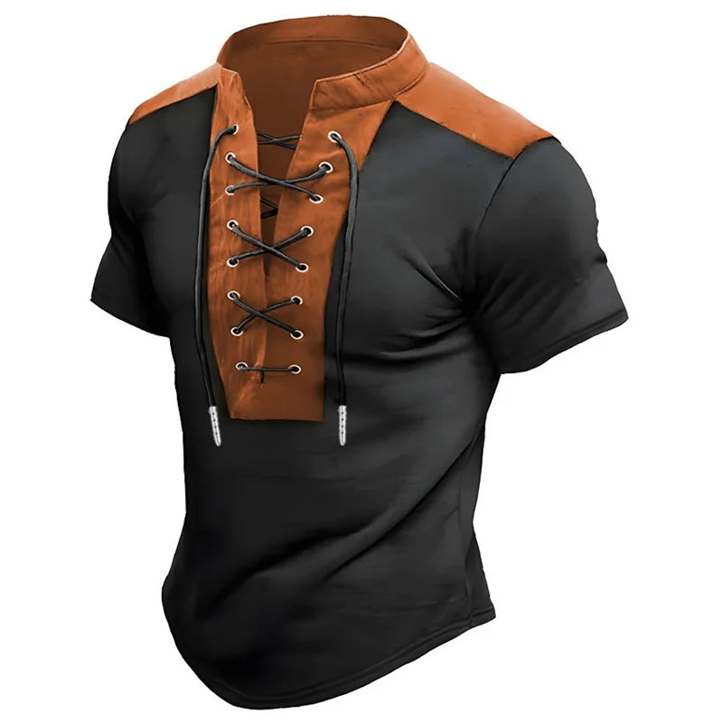 Men's retro-style drawstring short-sleeved T-shirt with color-blocked design, slim fit, fashionable polo shirt, unique style.
