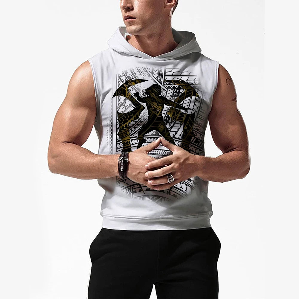 Men's White Roman Reigns Tribal Logo Sleeveless Hoodie Quick Drying Breathable Sports Gym Tank Top Street Casual Hooded Tank