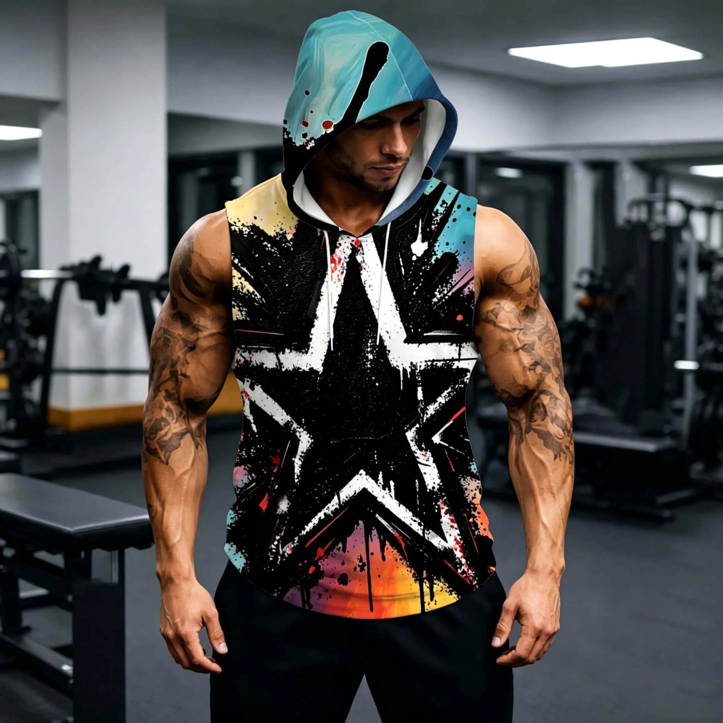 Men Distressed Splash Ink Star Sleeveless Hooded Tank Top Quick Dry Gym Muscle Vest Gradient Hood Street Fitness Sleeveless Tee
