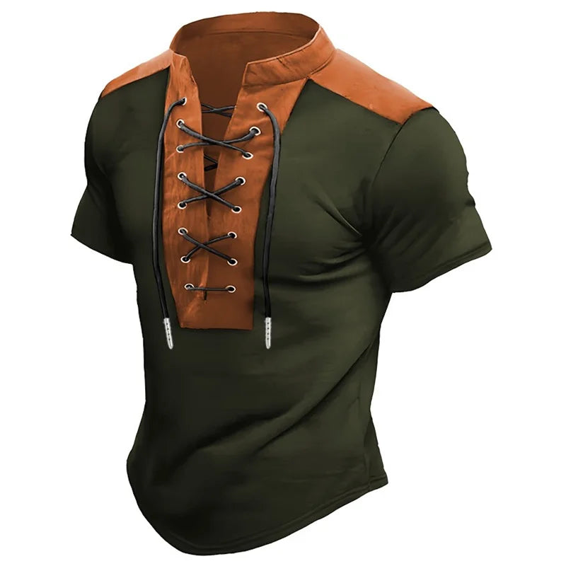Men's retro-style drawstring short-sleeved T-shirt with color-blocked design, slim fit, fashionable polo shirt, unique style.