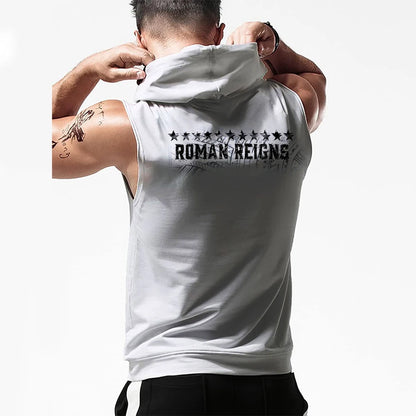 Men's White Roman Reigns Tribal Logo Sleeveless Hoodie Quick Drying Breathable Sports Gym Tank Top Street Casual Hooded Tank