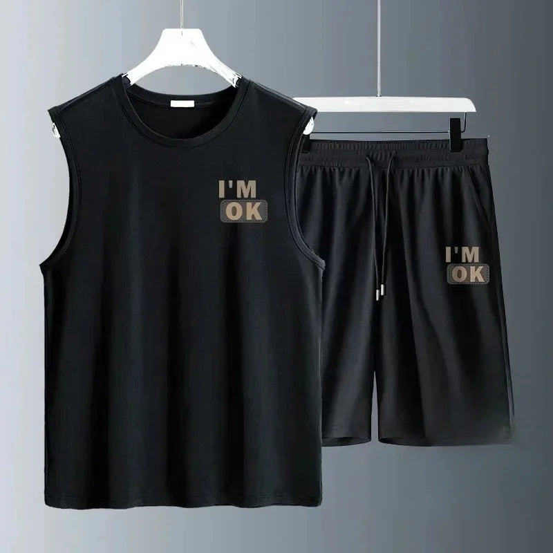 Men's Clothing Fashion Breathable Fitness Basketball Sports Quick Drying Suit Sleeveless T Shirt + Jogging Shorts Two-Piece Sets