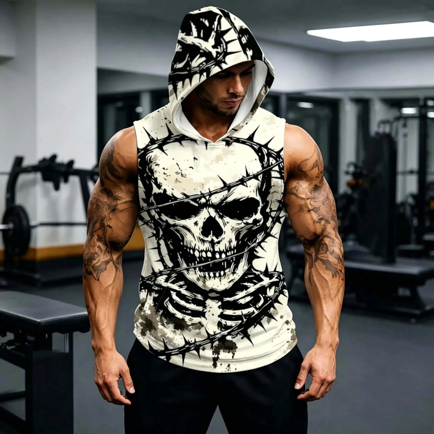 Men's Sleeveless Hooded Sports Tank Top, Trendy Skull Print, Breathable Fitness Apparel, Casual Daily Training Shirt