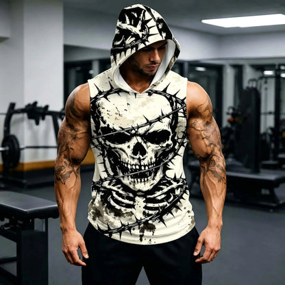 Men's Sleeveless Hooded Sports Tank Top, Trendy Skull Print, Breathable Fitness Apparel, Casual Daily Training Shirt