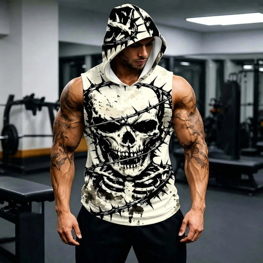 Men's Sleeveless Hooded Sports Tank Top, Trendy Skull Print, Breathable Fitness Apparel, Casual Daily Training Shirt