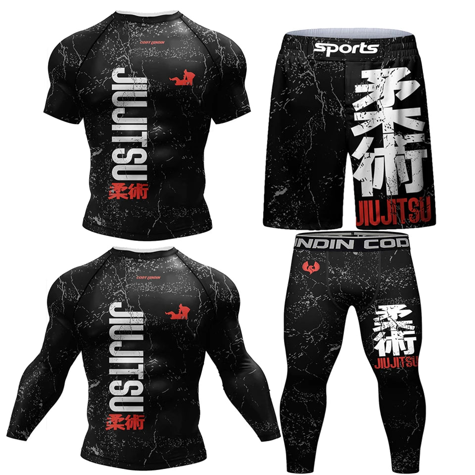 New Kimono Jiu Jitsu Rashguard for Men MMA T-Shirt+Pant 4Pcs/Set Muay Thai Shorts BJJ Rash Guard Gym Boxing Jerseys Sportswear