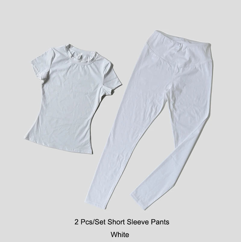 Yoga Set Women Sportswear Workout Clothes Athletic Wear Gym Legging Fitness Crop Top Short Sleeves Sports Suit