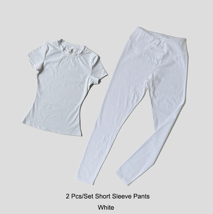 Yoga Set Women Sportswear Workout Clothes Athletic Wear Gym Legging Fitness Crop Top Short Sleeves Sports Suit