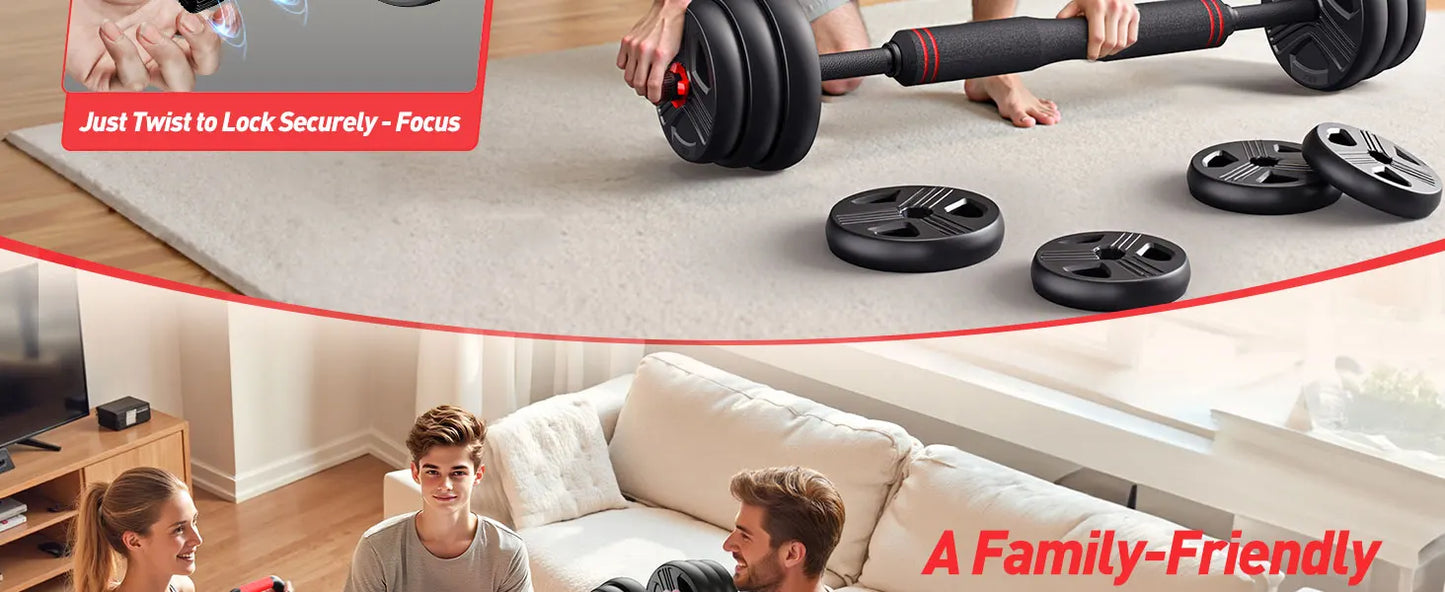 FITPLAM Adjustable 5 in 1 Free Weights Set, 20/35/45/70/90LB Dumbbell Set, Convertible to Barbell Kettlebell Push Up Stand