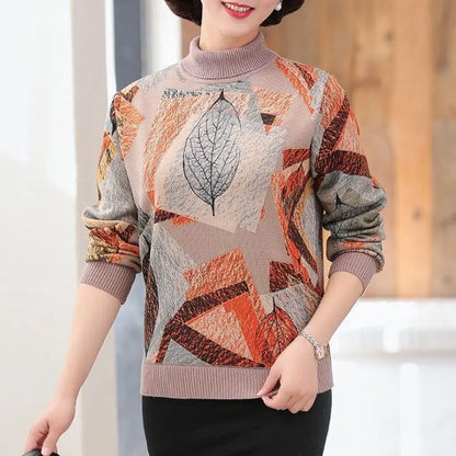 Women's Clothing 2022 Casual Plant Printed T-shirt Autumn Winter Fleece Warm Thick Fashion Knitted Spliced Turtleneck Pullovers