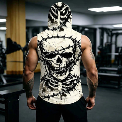 Men's Sleeveless Hooded Sports Tank Top, Trendy Skull Print, Breathable Fitness Apparel, Casual Daily Training Shirt