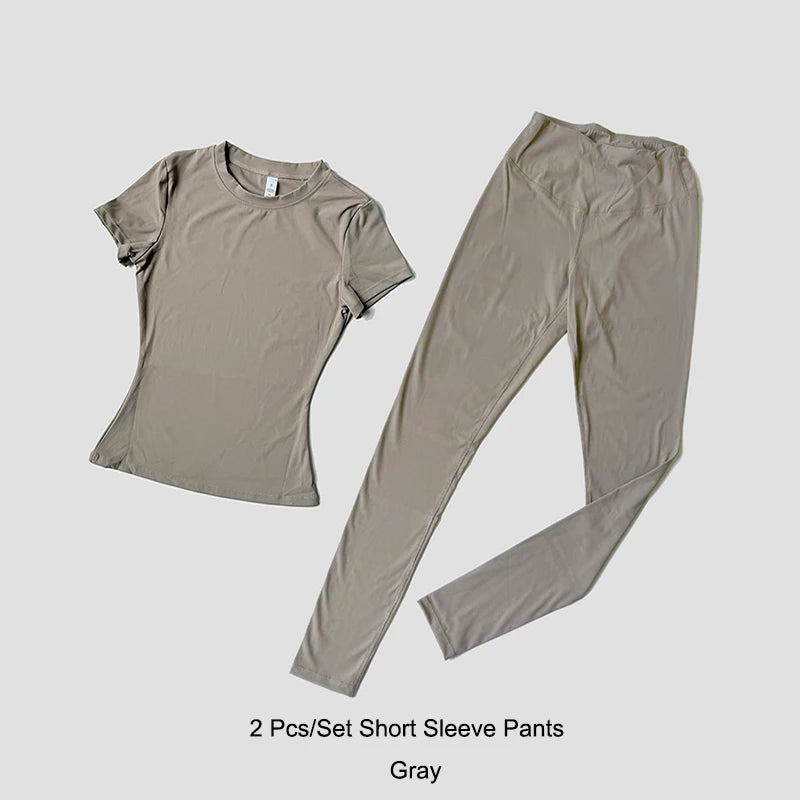 Yoga Set Women Sportswear Workout Clothes Athletic Wear Gym Legging Fitness Crop Top Short Sleeves Sports Suit