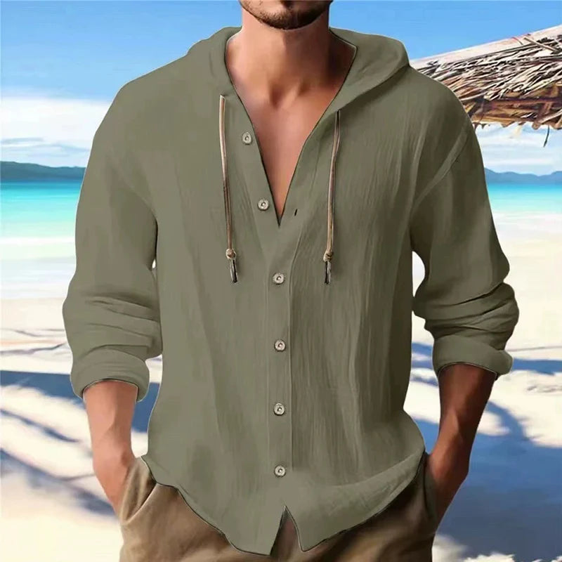 Men's Linen Shirt Solid Streetwear Long Sleeve Hoodie Cardigan Clothing For Men Button Tops Casual Loose Men Hooded Shirt