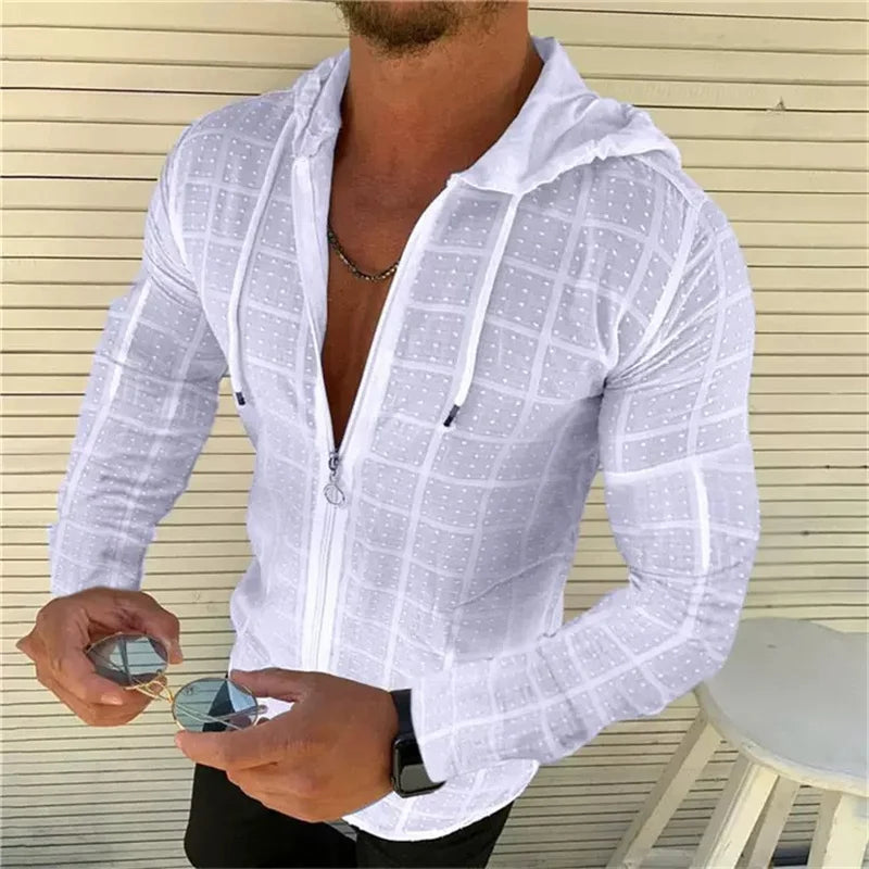 5 colors available for men's hooded zipper plaid polka dot long-sleeved shirt Slim fit breathable fashionable casual men's tops
