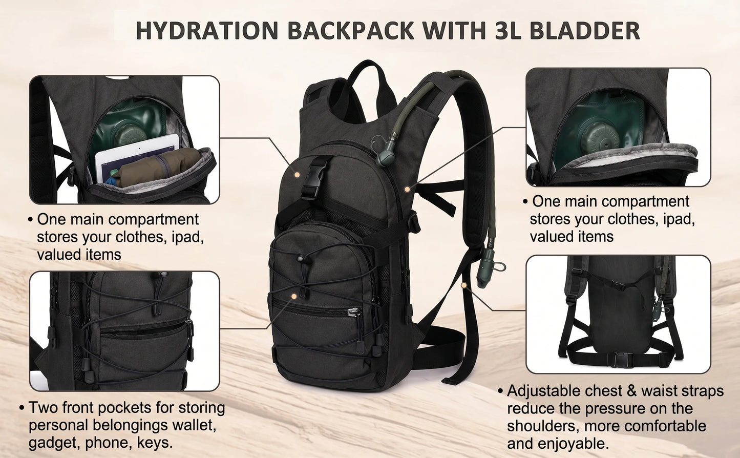 Tactical Hydration Backpack with 3L Water Bladder, Large Capacity Outdoor Hiking Pack for Camping, Cycling and Running