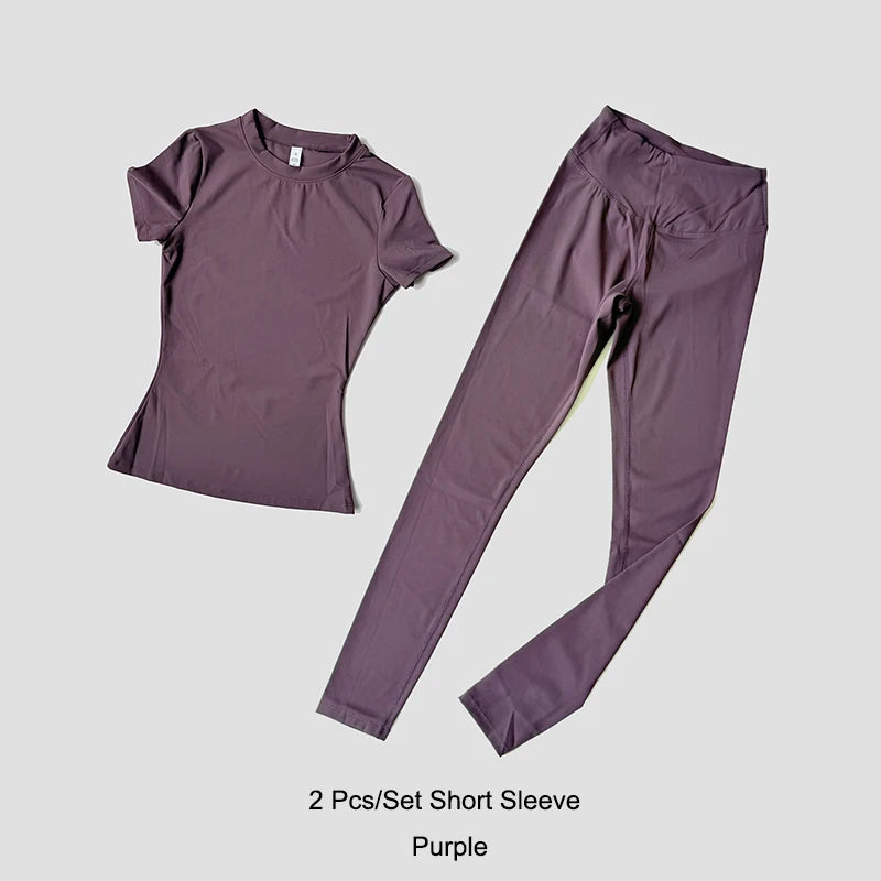 Yoga Set Women Sportswear Workout Clothes Athletic Wear Gym Legging Fitness Crop Top Short Sleeves Sports Suit