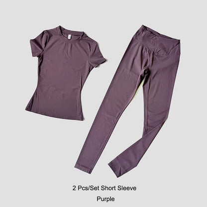 Yoga Set Women Sportswear Workout Clothes Athletic Wear Gym Legging Fitness Crop Top Short Sleeves Sports Suit