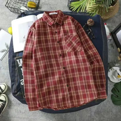 Shirts and Blouses for Men with Pocket Clothing Plaid Man Tops Red Cargo Geometric Sleeves S Collar Korean Style Xxl Hipster I
