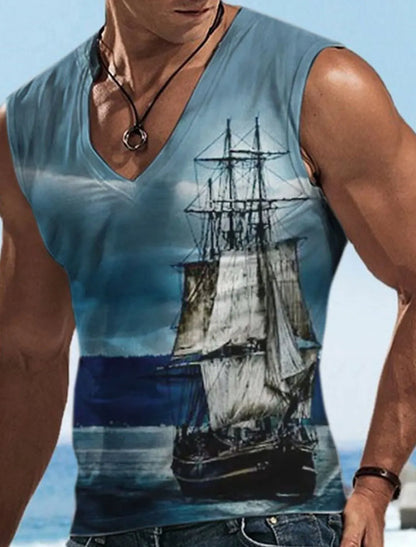Sailor Suit 3D Ship Print T Shirt Men's Quick Dry Sleeveless Tank Top Oversized Fitness Sports Shirt Men's Design Clothing