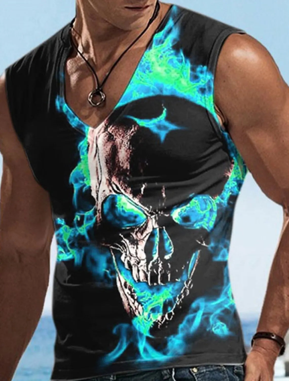 Hellfire Skull Cold Hd 3D Printed Men's and Women's T-Shirts Four Seasons Sports Sleeveless V-Neck Vest Oversized Men's Tops