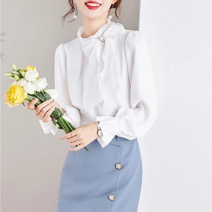 Women's Clothing Commute Stand Collar Bow Blouse Basic Solid Color Spring New Fashion Three-dimensional Decoration Ruffles Shirt